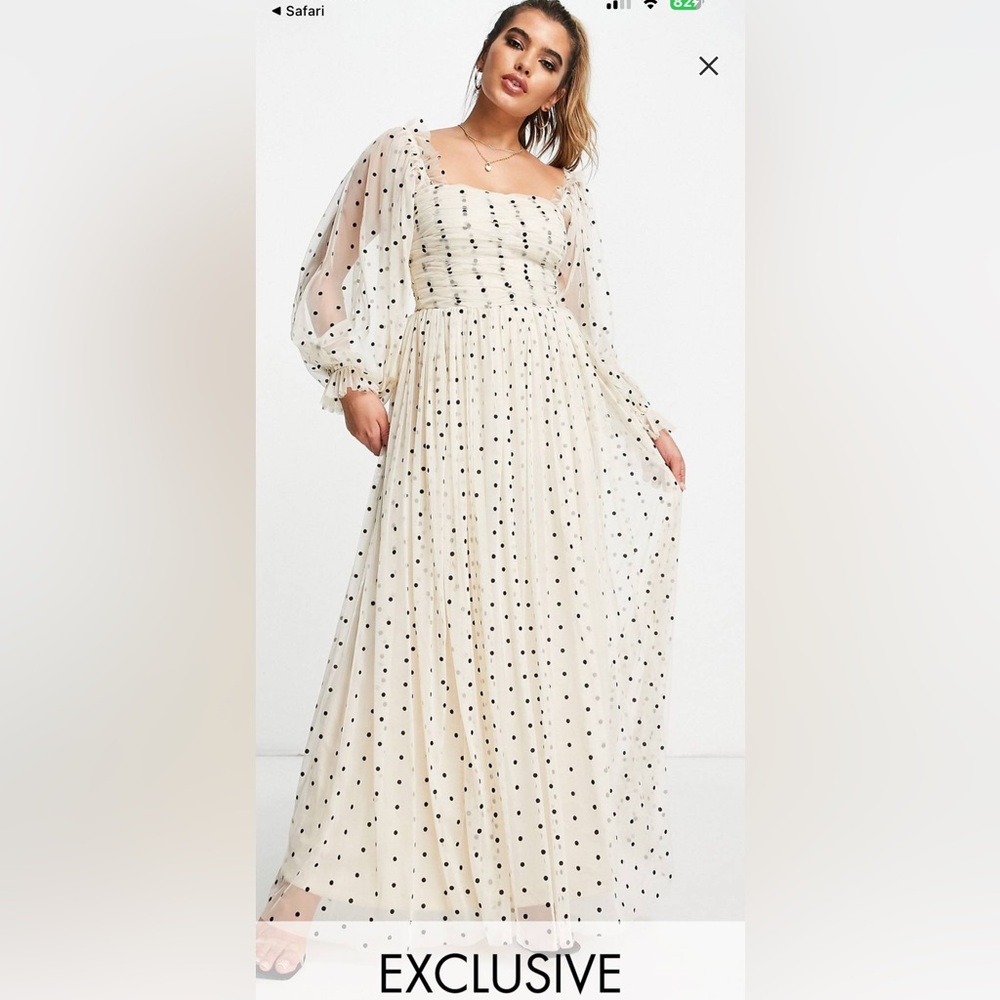 Lace & Beads Plus wrapped bodice maxi dress in cream polka dot print